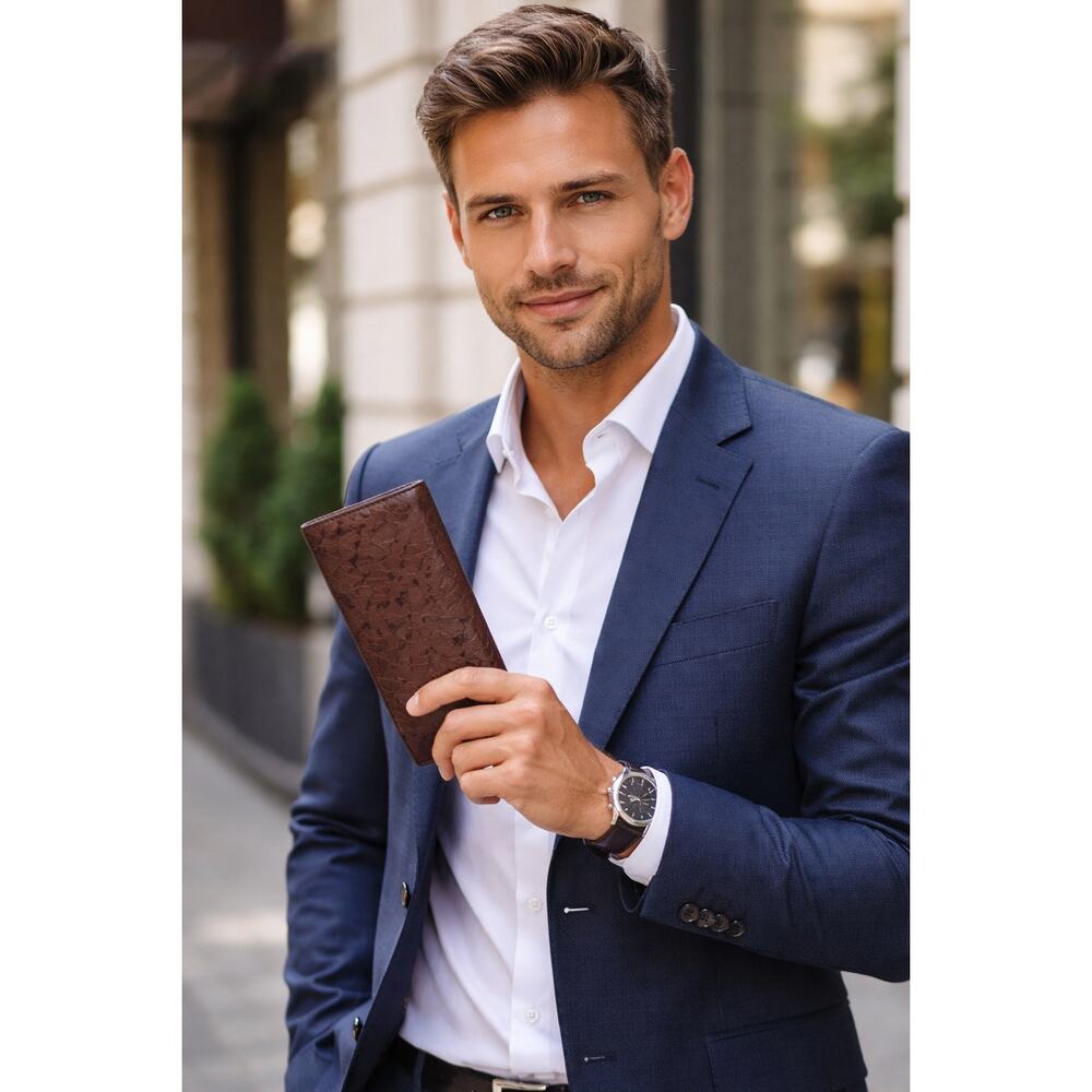 Italian Leather Long Wallet Ostrich Style Brown – Made in Italy